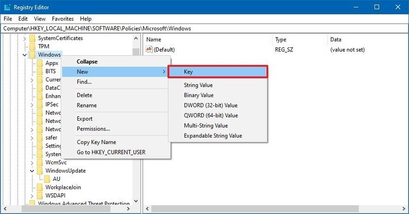 Creating the WindowsUpdate registry key