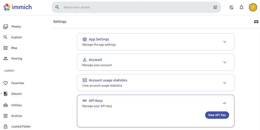 Generate API key for Immich import